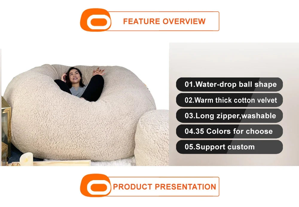 OTAUTAU King Size Giant Sofa Sac Pouf Cover No Filling Soft Fluffy Bean Bag Chair Puff Couch Floor Corner Seat Futon DD007