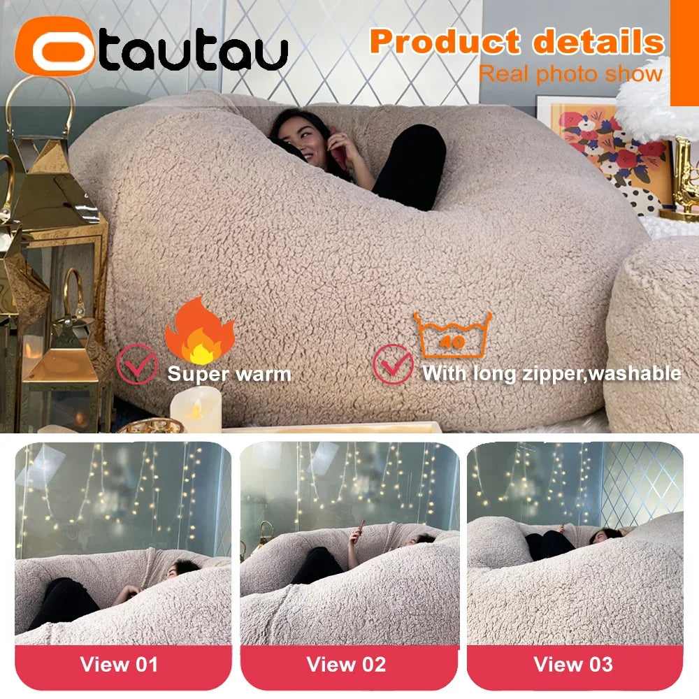 OTAUTAU King Size Giant Sofa Sac Pouf Cover No Filling Soft Fluffy Bean Bag Chair Puff Couch Floor Corner Seat Futon DD007