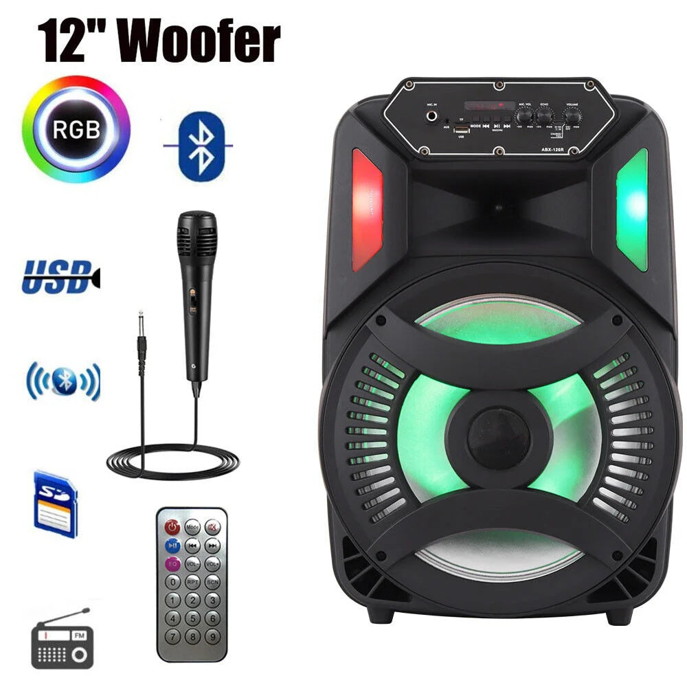 Loud Portable Bluetooth Party Speaker 12" Sub woofer Sound System karaoke Dj Rechargeable Speaker RGB Right with Mic