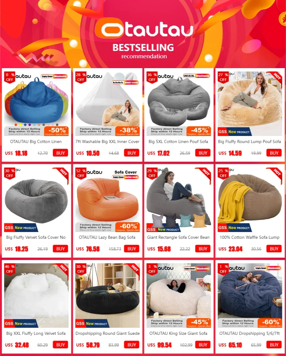 OTAUTAU King Size Giant Sofa Sac Pouf Cover No Filling Soft Fluffy Bean Bag Chair Puff Couch Floor Corner Seat Futon DD007
