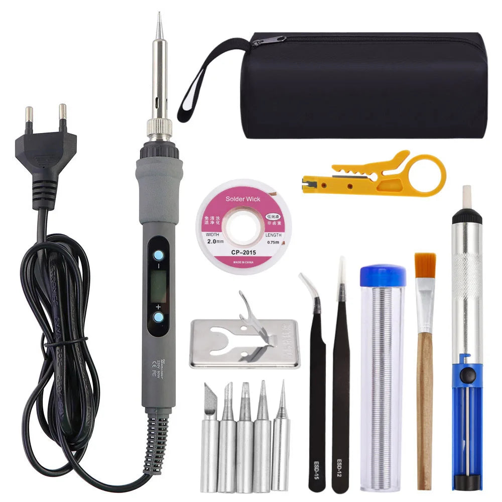 Gray 80W Digital Display Adjustable Temperature Electric Soldering Iron With Multimeter Tin Absorber Soldering Repair Tool Kit