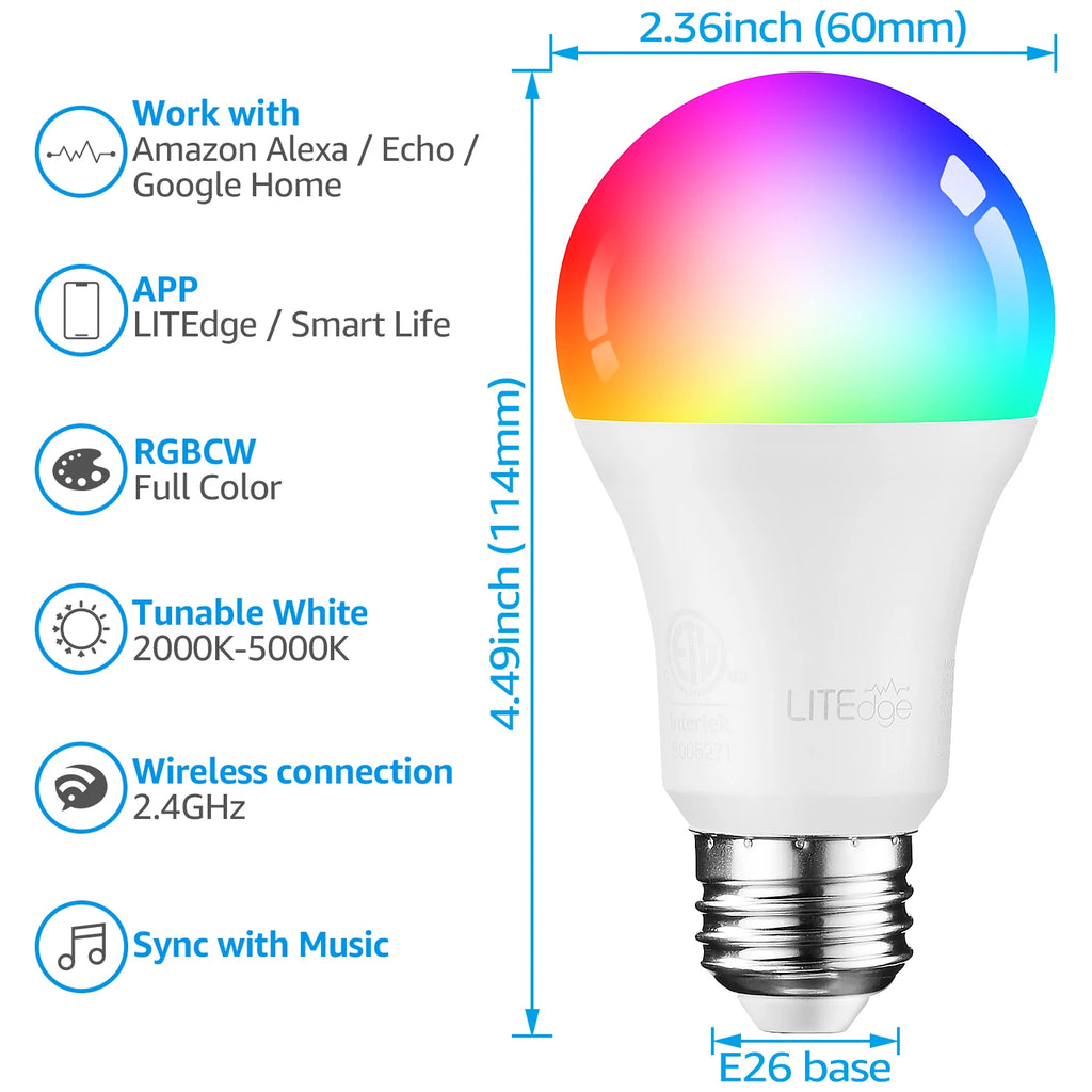 4 Pack Smart WiFi LED A19 Bulb, RGBCW Color Changing, Compatible with Alexa & Google Home & Echo Assistant