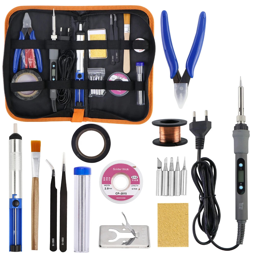 Gray 80W Digital Display Adjustable Temperature Electric Soldering Iron With Multimeter Tin Absorber Soldering Repair Tool Kit