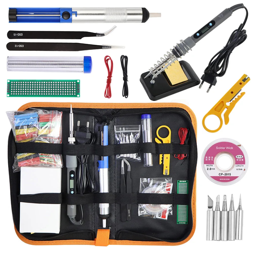 Gray 80W Digital Display Adjustable Temperature Electric Soldering Iron With Multimeter Tin Absorber Soldering Repair Tool Kit