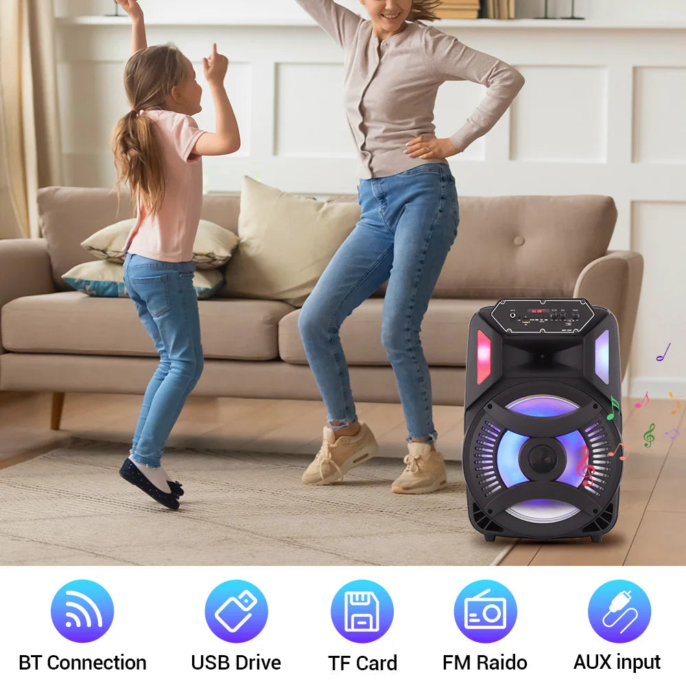 Loud Portable Bluetooth Party Speaker 12" Sub woofer Sound System karaoke Dj Rechargeable Speaker RGB Right with Mic