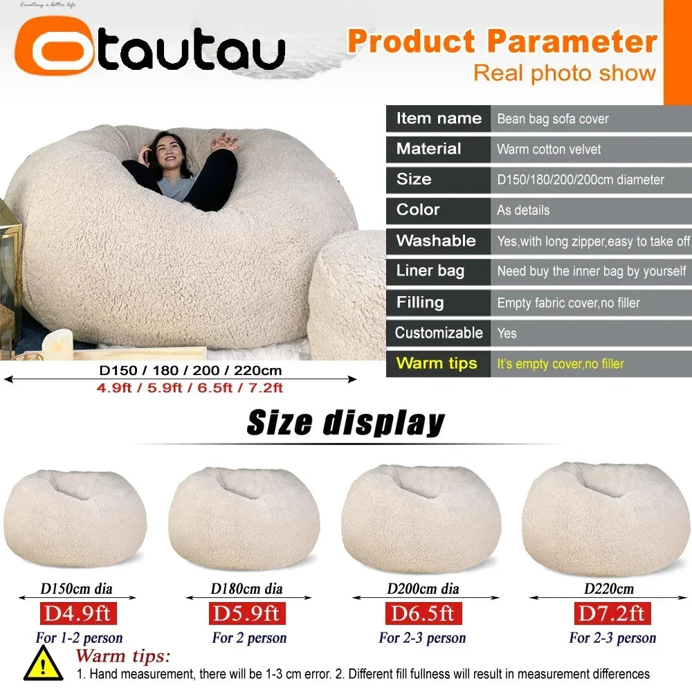 OTAUTAU King Size Giant Sofa Sac Pouf Cover No Filling Soft Fluffy Bean Bag Chair Puff Couch Floor Corner Seat Futon DD007