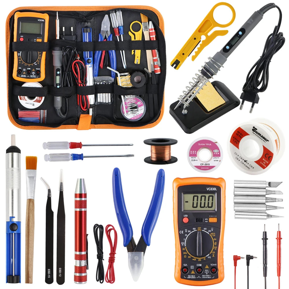 Gray 80W Digital Display Adjustable Temperature Electric Soldering Iron With Multimeter Tin Absorber Soldering Repair Tool Kit