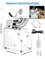 Commercial Ice Crusher Electric Snow Cone Machine with Dual Blades, Stainless Steel Shaved Ice Machine with Safety On/Off Switch