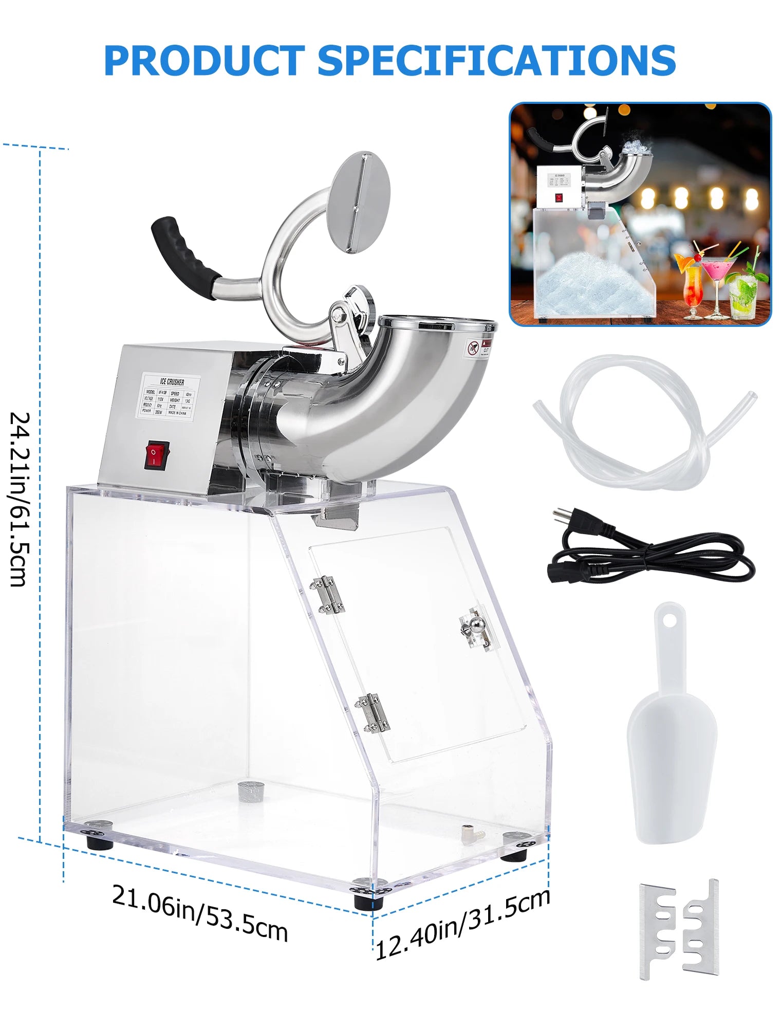 Commercial Ice Crusher Electric Snow Cone Machine with Dual Blades, Stainless Steel Shaved Ice Machine with Safety On/Off Switch
