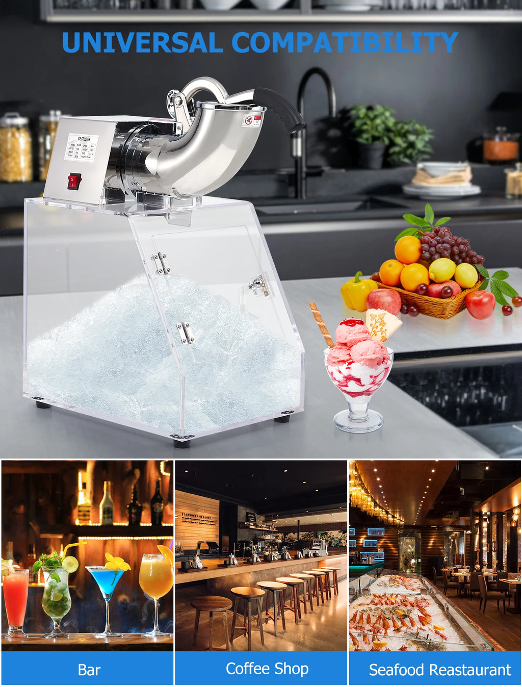 Commercial Ice Crusher Electric Snow Cone Machine with Dual Blades, Stainless Steel Shaved Ice Machine with Safety On/Off Switch