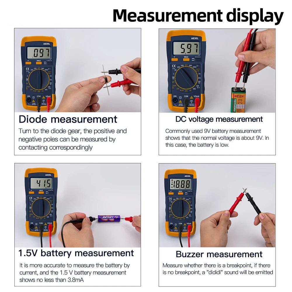 A830L LCD Digital Multimeter AC DC Voltage Diode Freguency Multitester Current Tester Luminous Display with Buzzer Function