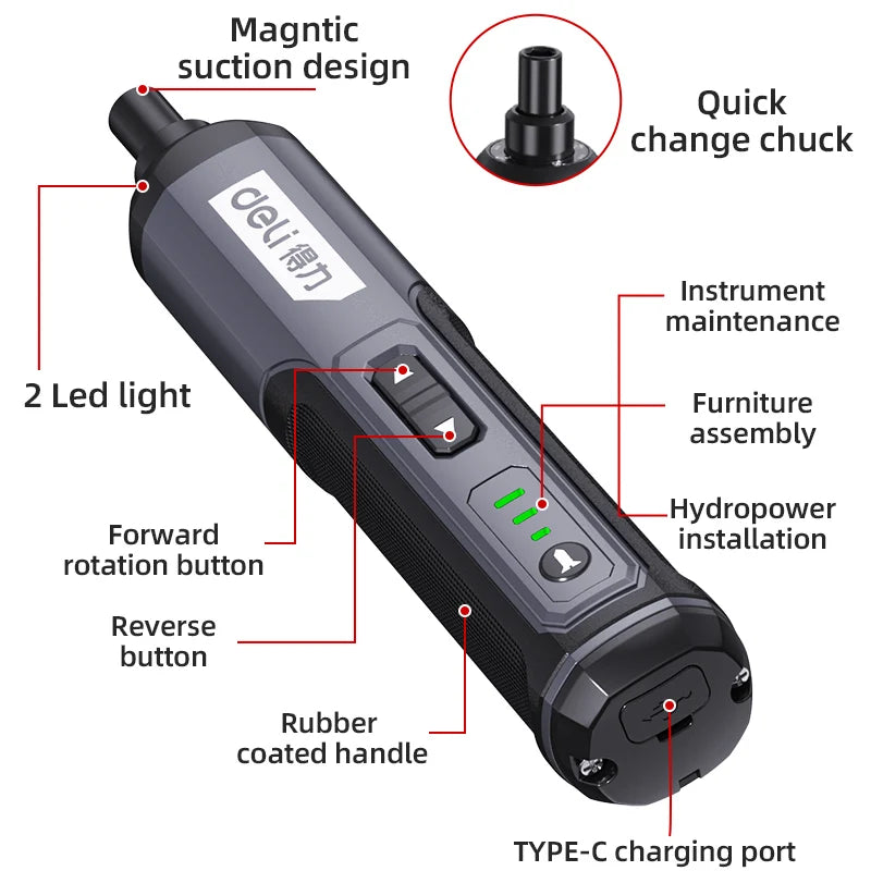 DELI Mini Electric Screwdriver Set 4V Smart Cordless Electric Screwdrivers TYPE-C Rechargeable 33 Bit Set Drill Power Tools Kit