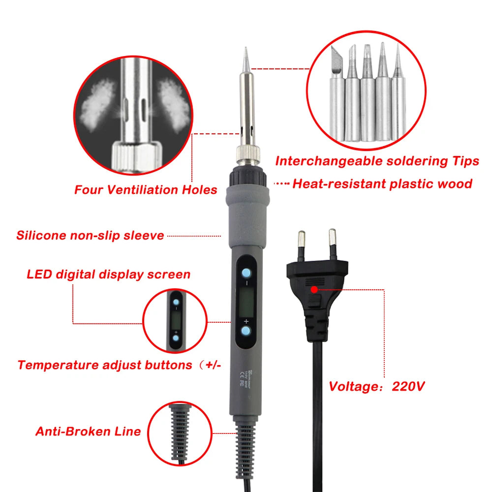 Gray 80W Digital Display Adjustable Temperature Electric Soldering Iron With Multimeter Tin Absorber Soldering Repair Tool Kit
