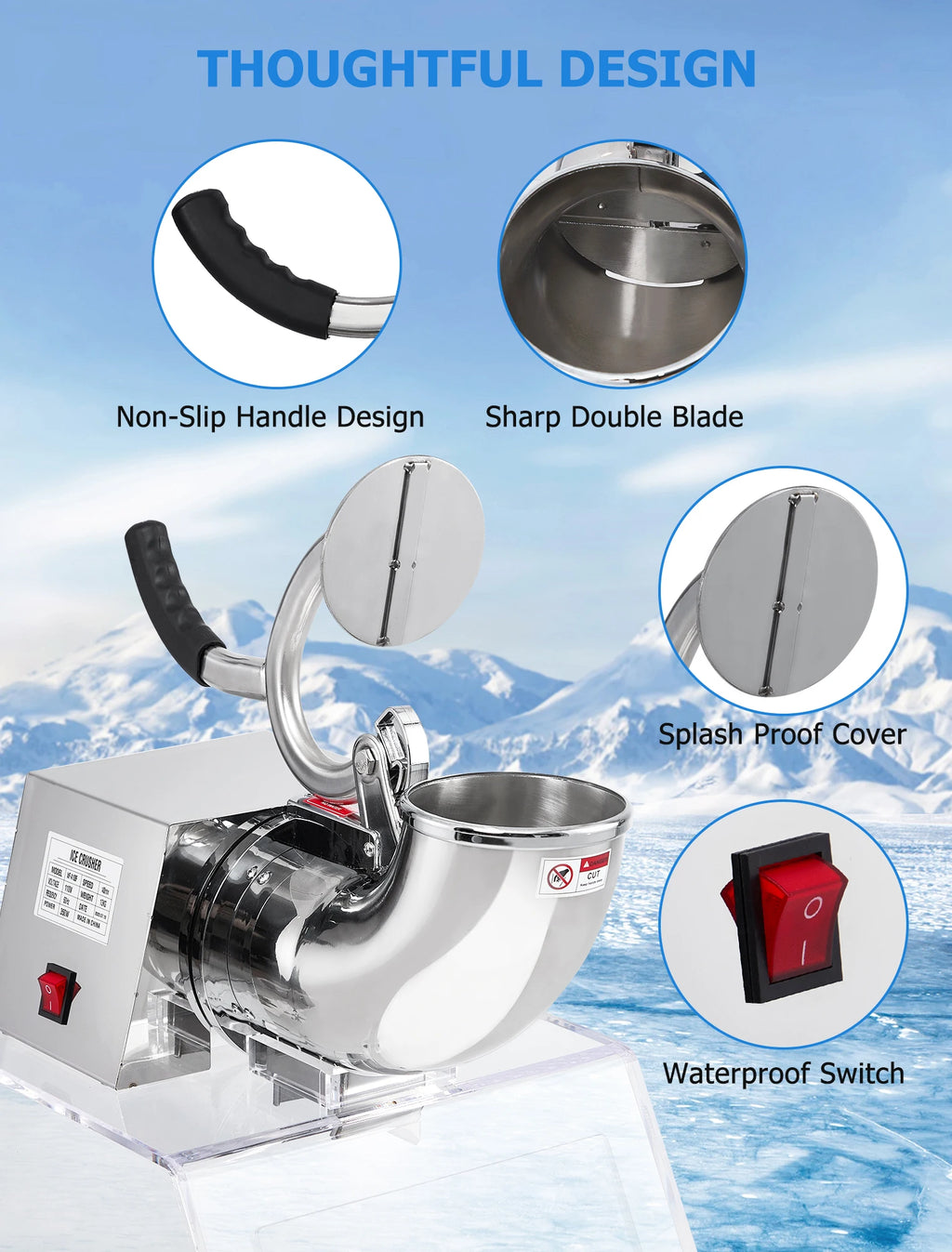 Commercial Ice Crusher Electric Snow Cone Machine with Dual Blades, Stainless Steel Shaved Ice Machine with Safety On/Off Switch