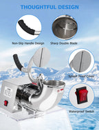 Commercial Ice Crusher Electric Snow Cone Machine with Dual Blades, Stainless Steel Shaved Ice Machine with Safety On/Off Switch