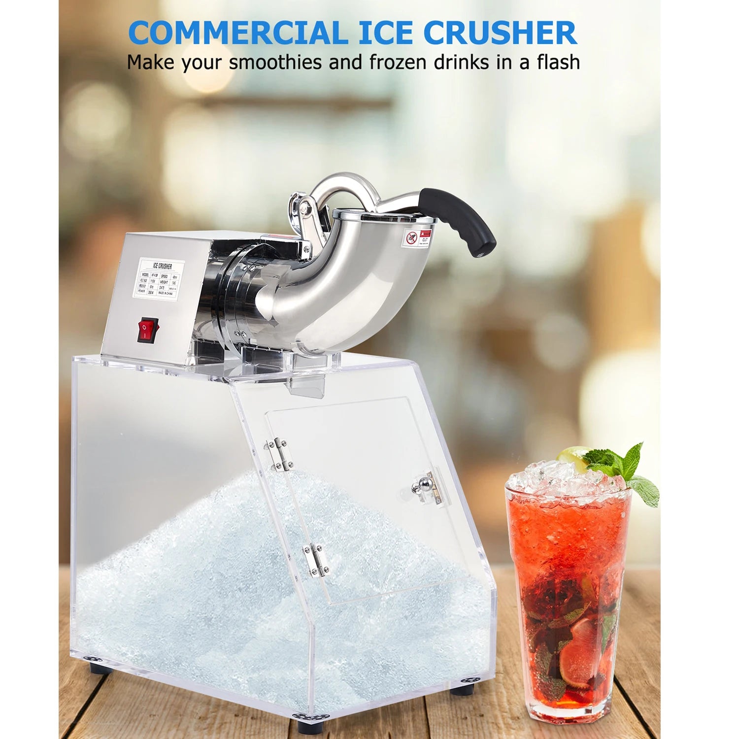 Commercial Ice Crusher Electric Snow Cone Machine with Dual Blades, Stainless Steel Shaved Ice Machine with Safety On/Off Switch