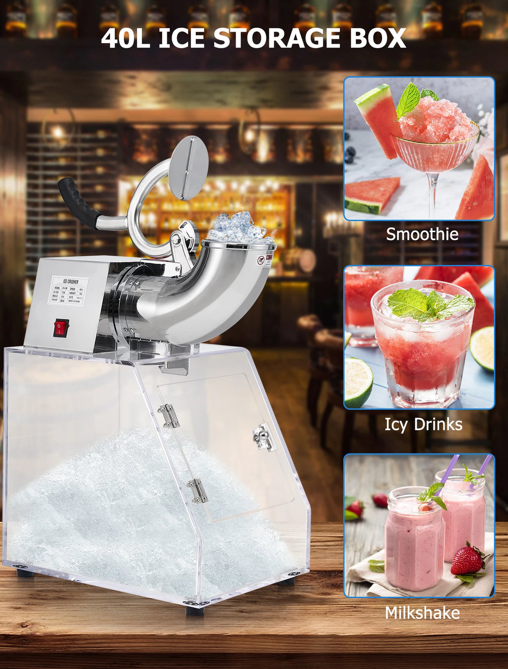 Commercial Ice Crusher Electric Snow Cone Machine with Dual Blades, Stainless Steel Shaved Ice Machine with Safety On/Off Switch