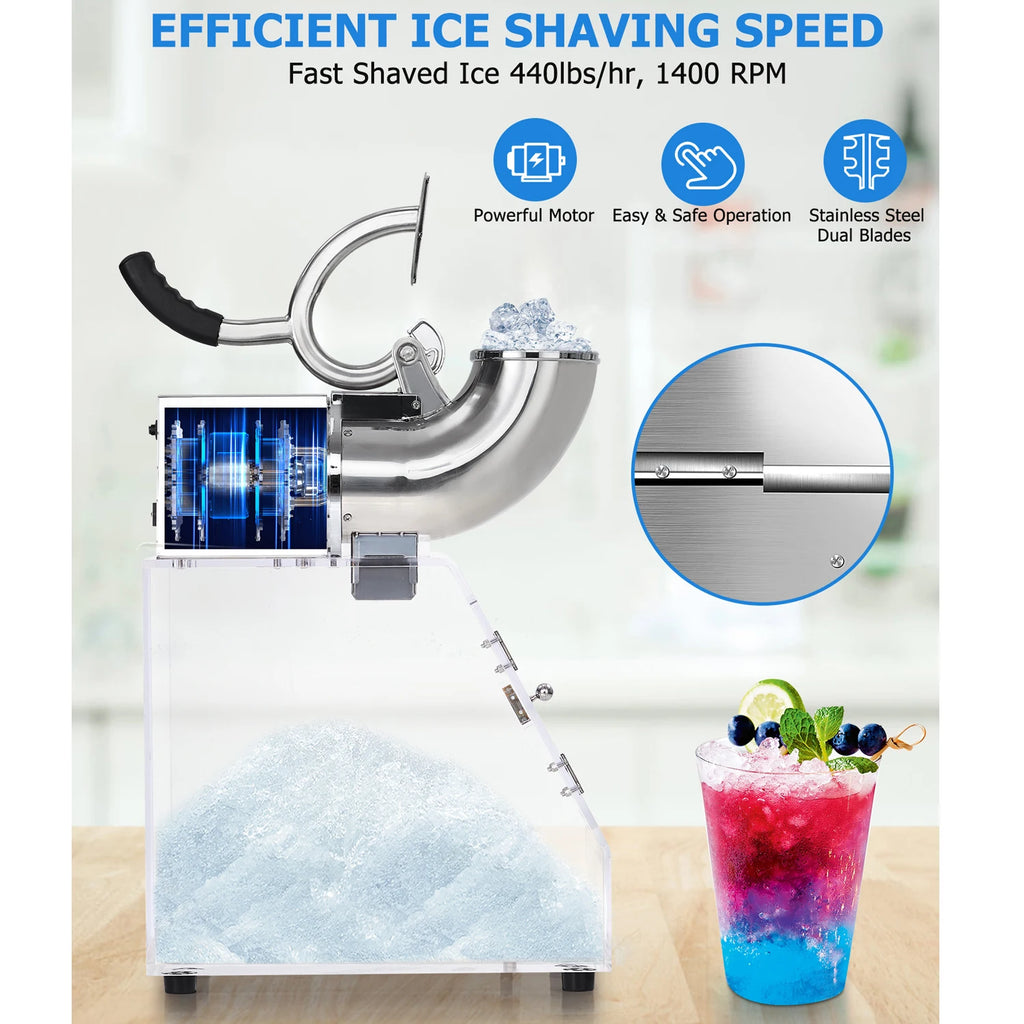 Commercial Ice Crusher Electric Snow Cone Machine with Dual Blades, Stainless Steel Shaved Ice Machine with Safety On/Off Switch